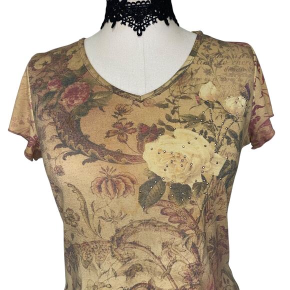 VTG Y2K 90's Xcit U.S.A Floral Rose Bedazzled Baby Tee - Picture 5 of 12